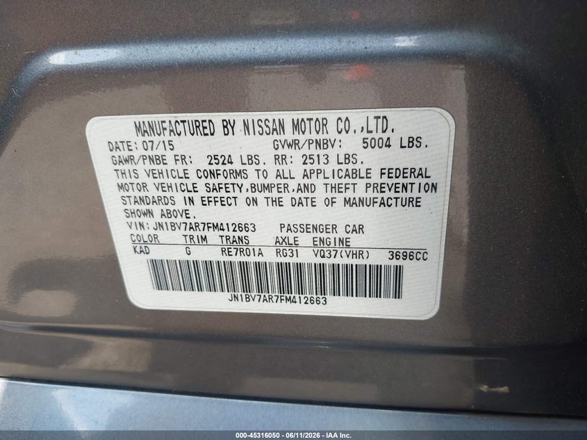 2015 Infiniti Q50 VIN JN1BV7AR7FM412663 IAAI salvage auction — FRONT END, Salvage Title, sold $75 on 2026-07-21 (photo 9)
