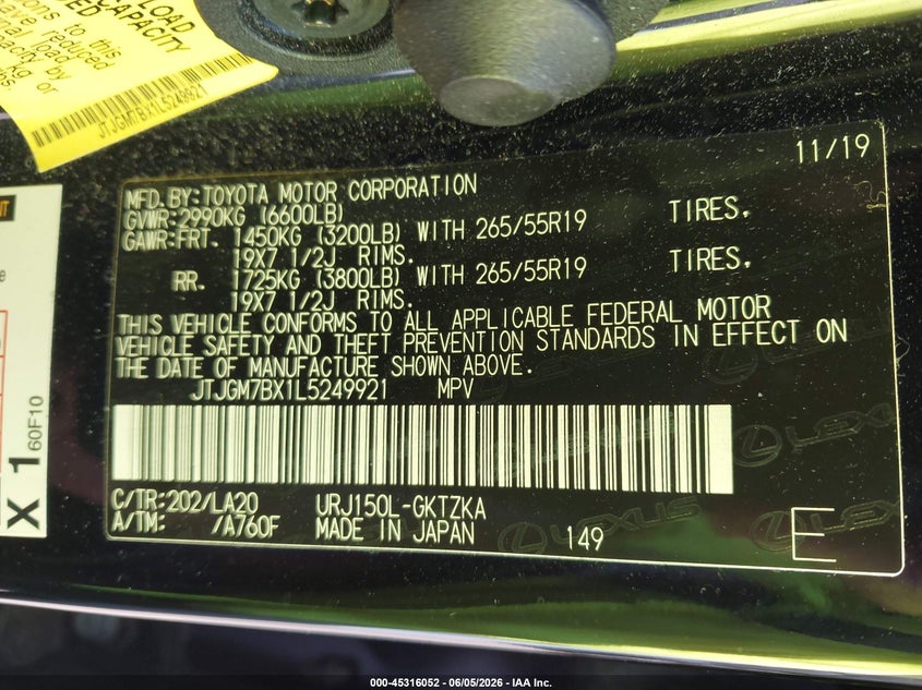 2020 Lexus Gx VIN JTJGM7BX1L5249921 IAAI salvage auction — FRONT END, Salvage Title, sold $12,300 on 2026-07-27 (photo 9)