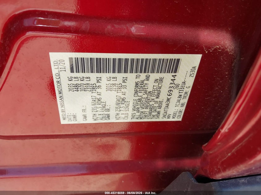2021 Nissan Rogue VIN 5N1AT3AA3MC693344 IAAI salvage auction — FRONT END, Salvage Title, sold $7,000 on 2026-07-29 (photo 9)