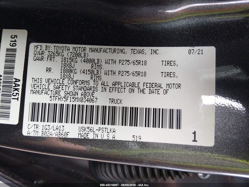 2021 Toyota Tundra VIN 5TFHY5F15MX034067 IAAI salvage auction — REAR END, Salvage Title, sold $21,800 on 2026-07-08 (photo 9)