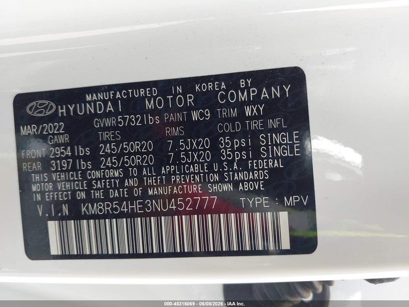 2022 Hyundai Palisade VIN KM8R54HE3NU452777 IAAI salvage auction — REAR END, Salvage Title, sold $10,750 on 2026-07-14 (photo 9)