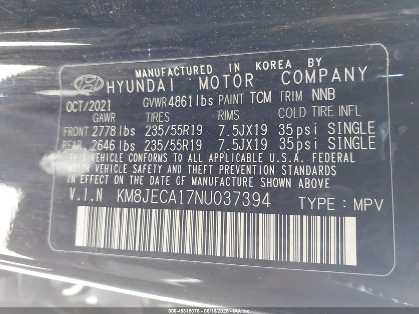 2022 Hyundai VIN KM8JECA17NU037394 IAAI salvage auction — FRONT END, Salvage Title, sold $8,300 on 2026-07-31 (photo 9)