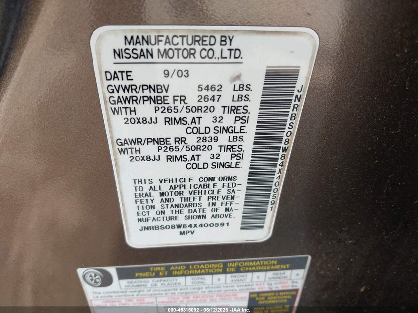 2004 Infiniti Fx45 VIN JNRBS08W84X400591 IAAI salvage auction — LEFT SIDE, Clear (Florida), sold $525 on 2026-07-08 (photo 9)