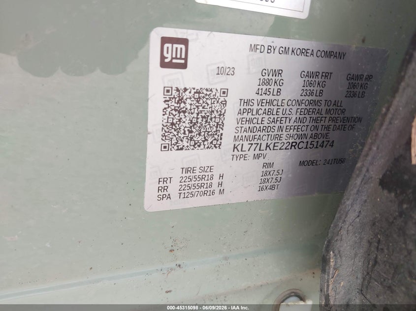 2024 Chevrolet Trax VIN KL77LKE22RC151474 IAAI salvage auction — FRONT END, Salvage (Texas), sold $1,350 on 2026-07-29 (photo 9)