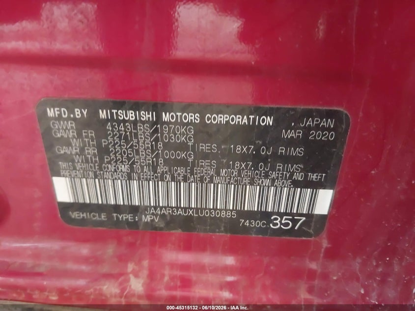 2020 Mitsubishi Outlander VIN JA4AR3AUXLU030885 IAAI salvage auction — FRONT END, Clear (Michigan), sold $2,250 on 2026-07-21 (photo 9)
