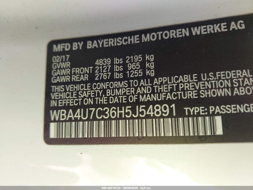 2017 BMW 4er VIN WBA4U7C36H5J54891 IAAI salvage auction — FRONT END, Salvage (California), sold $2,550 on 2026-07-28 (photo 9)