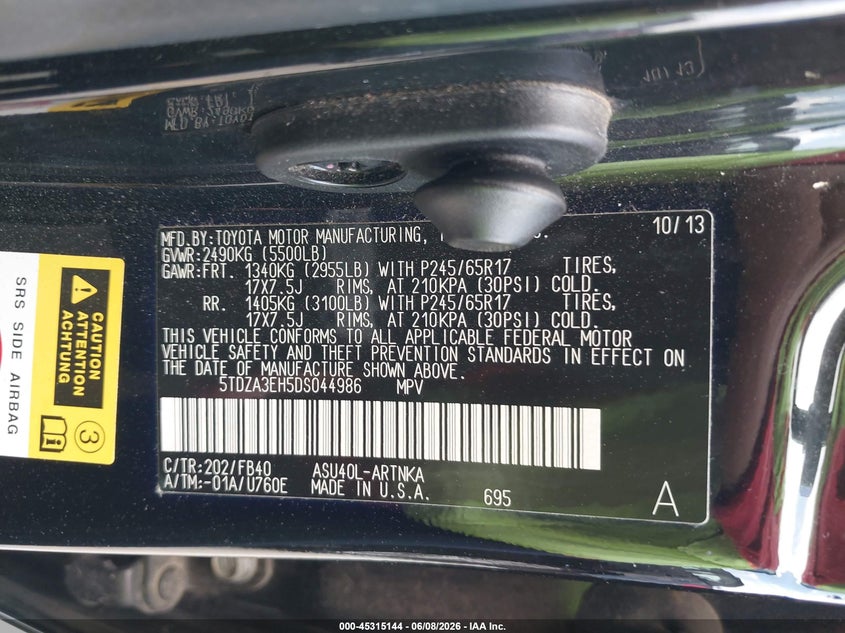 2013 Toyota Highlander VIN 5TDZA3EH5DS044986 IAAI salvage auction — NORMAL WEAR, Clear (Texas), sold $3,650 on 2026-07-23 (photo 9)