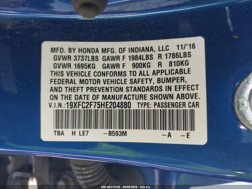 2017 Honda Civic VIN 19XFC2F75HE204880 IAAI salvage auction — FRONT END, Salvage Title, sold $825 on 2026-07-18 (photo 9)