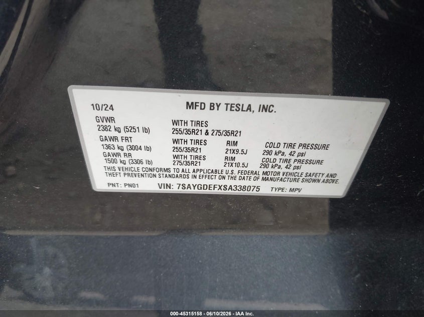 2025 Tesla Model y VIN 7SAYGDEFXSA338075 IAAI salvage auction — LEFT FRONT, Salvage Title, sold $16,600 on 2026-07-30 (photo 9)