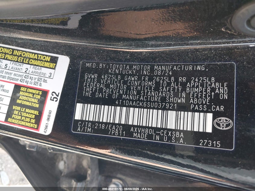 2025 Toyota Camry VIN 4T1DAACK6SU037921 IAAI salvage auction — SIDE, Salvage Title, sold $11,100 on 2026-07-17 (photo 9)