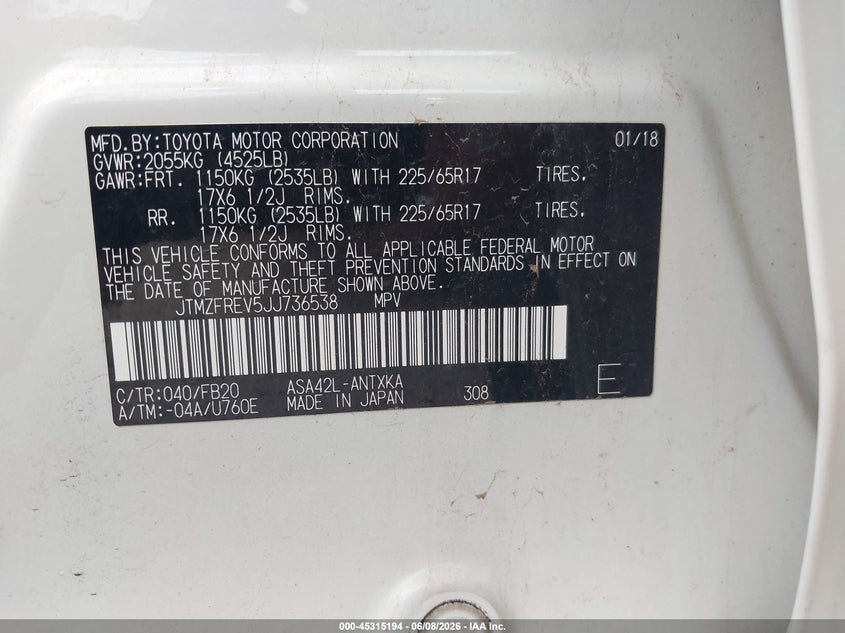 2018 Toyota Rav 4 VIN JTMZFREV5JJ736538 IAAI salvage auction — RIGHT FRONT, Salvage Title, sold $3,900 on 2026-07-28 (photo 9)