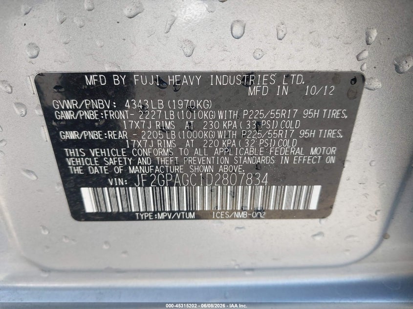 2013 Subaru Xv VIN JF2GPAGC1D2807834 IAAI salvage auction — FRONT END, Salvage Title, sold $950 on 2026-07-20 (photo 9)