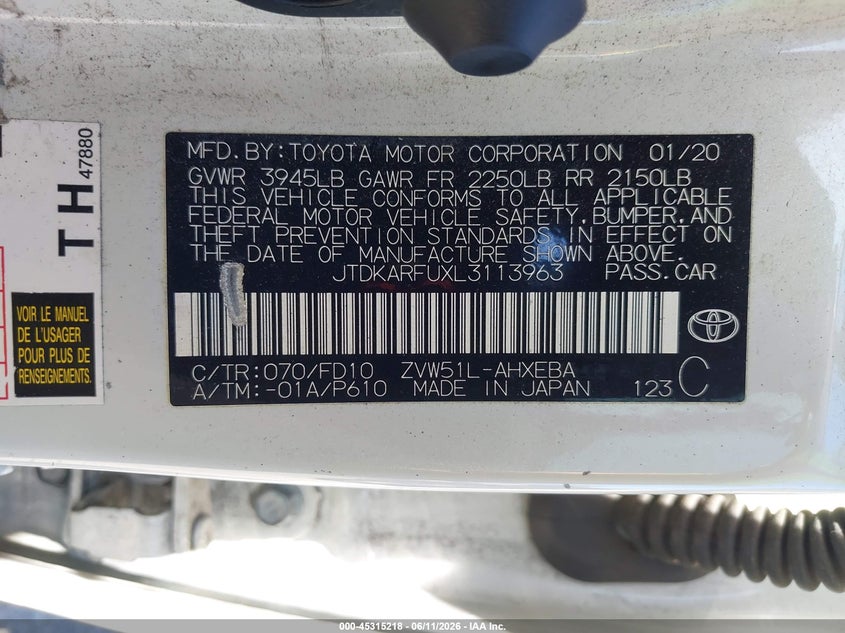 2020 Toyota Prius VIN JTDKARFUXL3113963 IAAI salvage auction — LEFT FRONT, Salvage Title, sold $2,300 on 2026-07-15 (photo 9)