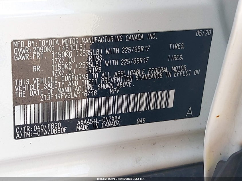 2020 Toyota Rav 4 VIN 2T3F1RFV2LW116718 IAAI salvage auction — WATER/FLOOD, Clear (New York), sold $12,050 on 2026-07-09 (photo 9)