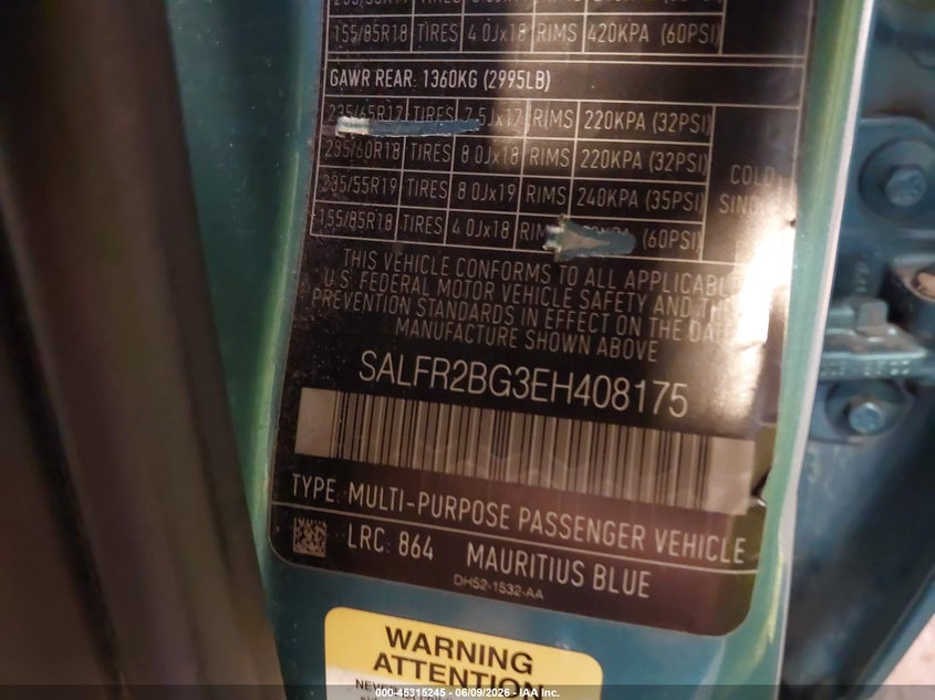 2014 Land rover Lr2 VIN SALFR2BG3EH408175 IAAI salvage auction — FRONT END, Salvage Title, sold $650 on 2026-07-21 (photo 9)