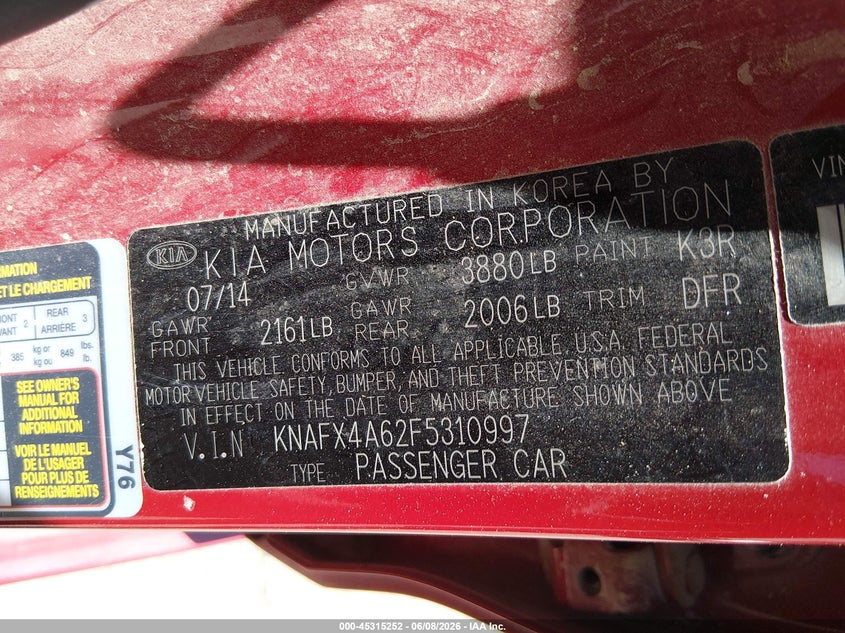 2015 Kia Forte VIN KNAFX4A62F5310997 IAAI salvage auction — REAR END, Salvage Title, sold $1,525 on 2026-07-13 (photo 9)