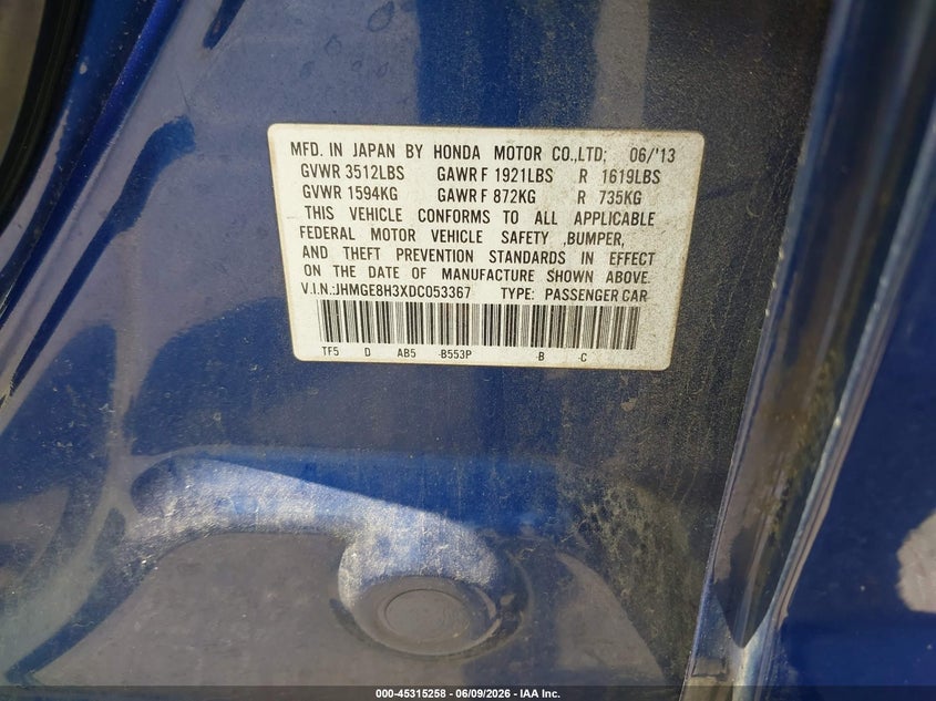 2013 Honda Fit VIN JHMGE8H3XDC053367 IAAI salvage auction — FRONT END, Salvage Title, sold $150 on 2026-07-14 (photo 9)