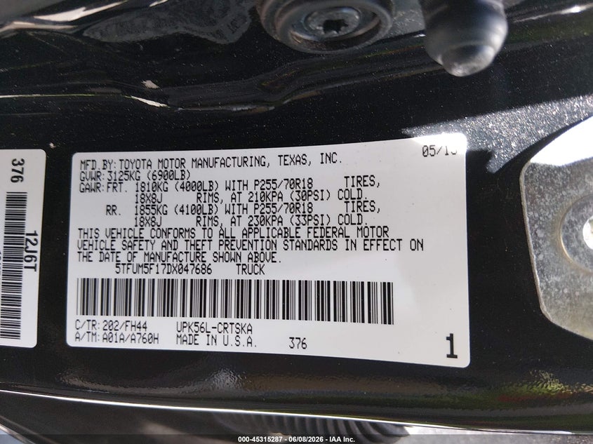 2013 Toyota Tundra VIN 5TFUM5F17DX047686 IAAI salvage auction — LEFT SIDE, Salvage (New Jersey), sold $5,275 on 2026-07-27 (photo 9)
