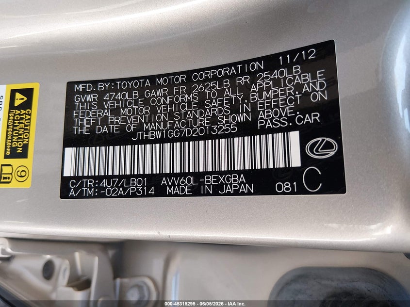 2013 Lexus ES VIN JTHBW1GG7D2013255 IAAI salvage auction — REAR END, Salvage Title, sold $5,100 on 2026-07-05 (photo 9)