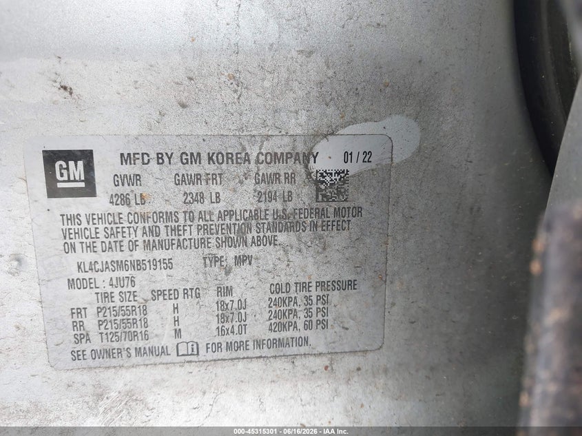 2022 Buick Encore VIN KL4CJASM6NB519155 IAAI salvage auction — FRONT & REAR, Clear (South Carolina), sold $475 on 2026-07-10 (photo 9)