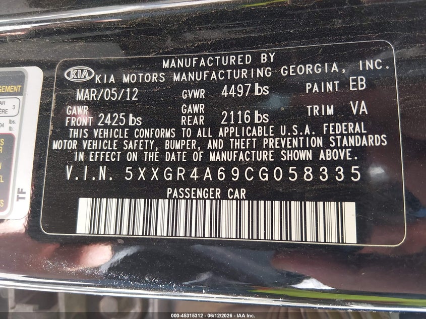 2012 Kia Optima VIN 5XXGR4A69CG058335 IAAI salvage auction — NORMAL WEAR, Nrc Lienholder Repossession Paperwork (New Mexico), sold $325 on 2026-07-06 (photo 9)