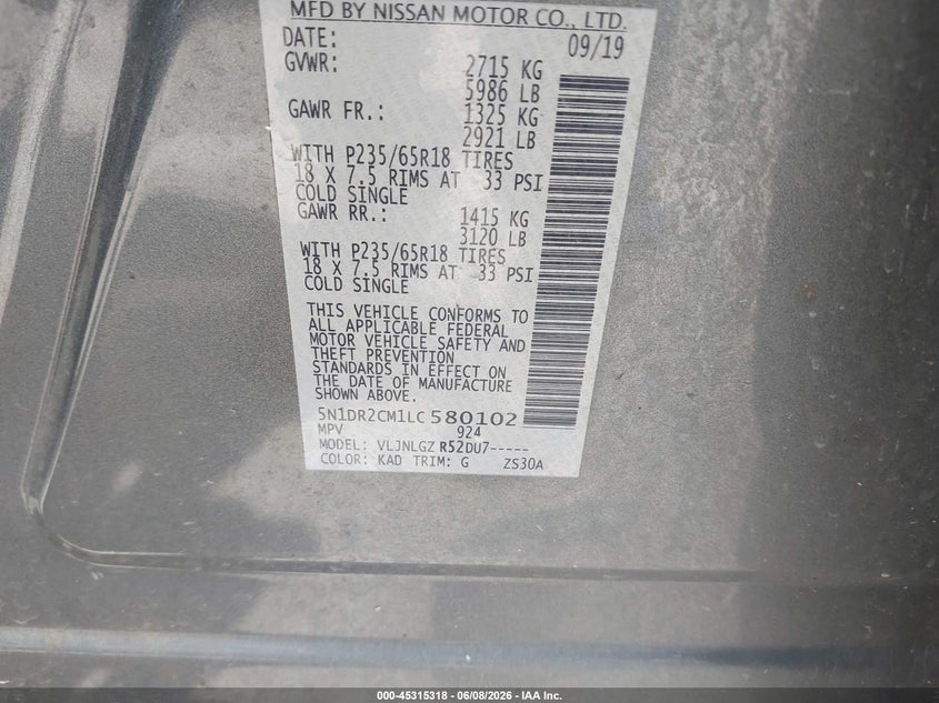 2020 Nissan Pathfinder VIN 5N1DR2CM1LC580102 IAAI salvage auction — FRONT END, Salvage Title, sold $2,300 on 2026-07-09 (photo 9)
