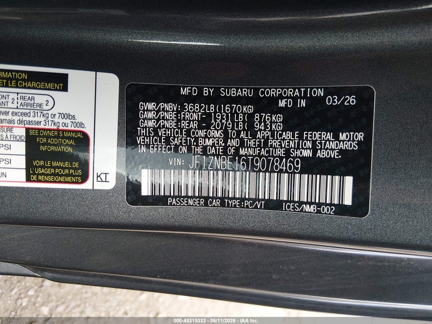 2026 Toyota Gr 86 VIN JF1ZNBE16T9078469 IAAI salvage auction — FRONT END, Salvage (Montana), sold $8,700 on 2026-07-29 (photo 9)