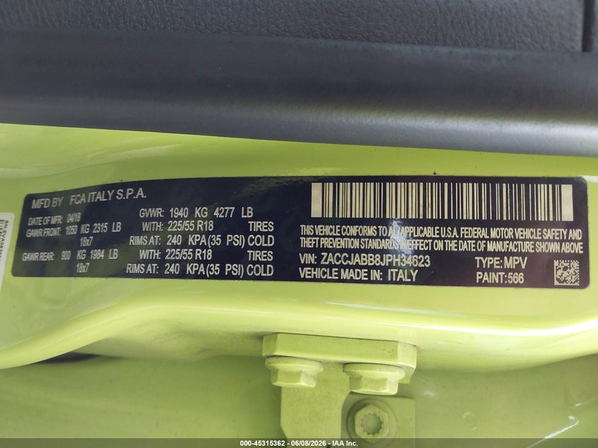 2018 Jeep Renegade VIN ZACCJABB8JPH34623 IAAI salvage auction — LEFT FRONT, Salvage Title, sold $1,900 on 2026-08-20 (photo 9)