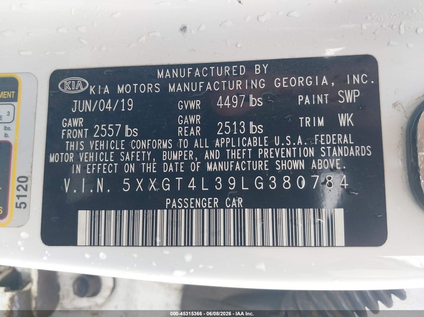 2020 Kia Optima VIN 5XXGT4L39LG380784 IAAI salvage auction — FRONT END, Salvage (Arkansas), sold $800 on 2026-08-01 (photo 9)