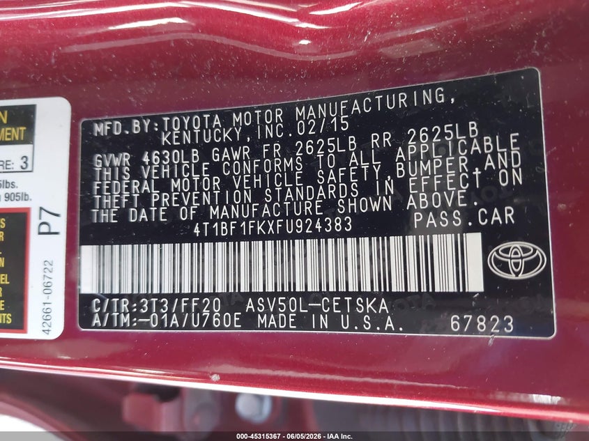 2015 Toyota Camry VIN 4T1BF1FKXFU924383 IAAI salvage auction — FRONT END, Salvage Title, sold $3,800 on 2026-07-06 (photo 9)