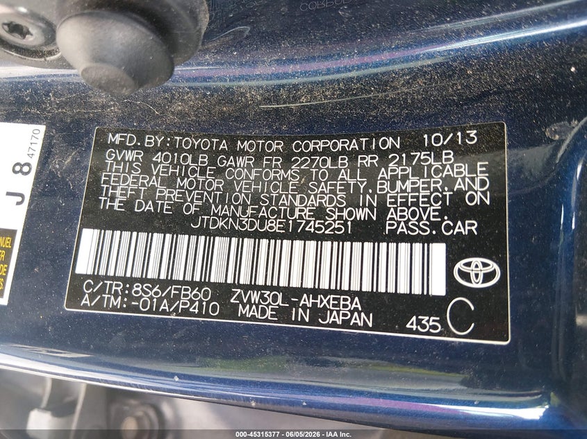 2014 Toyota Prius VIN JTDKN3DU8E1745251 IAAI salvage auction — RIGHT FRONT, Salvage Title, sold $850 on 2026-07-28 (photo 9)