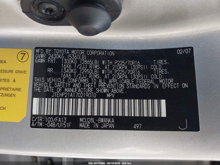 2007 Toyota Highlander VIN JTEHP21A170219010 IAAI salvage auction — LEFT SIDE, Clear (Virginia), sold $900 on 2026-07-14 (photo 9)