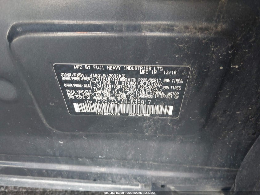 2017 Subaru Forester VIN JF2SJAAC4HH535917 IAAI salvage auction — SIDE, Clear (Indiana), sold $1,450 on 2026-07-24 (photo 9)