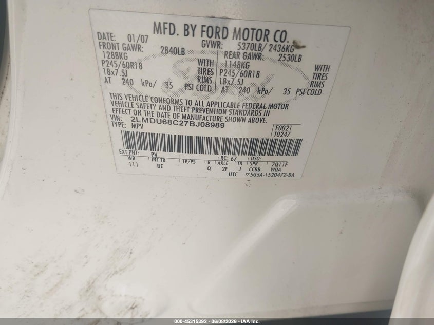 2007 Lincoln Mkx VIN 2LMDU68C27BJ08989 IAAI salvage auction — LEFT FRONT, Salvage (Texas), sold $800 on 2026-07-10 (photo 9)