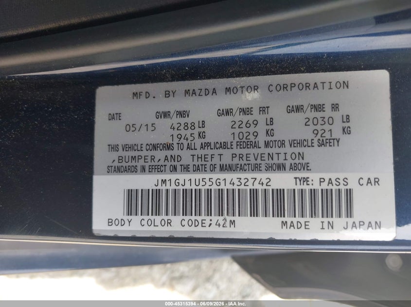 2016 Mazda 6 VIN JM1GJ1U55G1432742 IAAI salvage auction — LEFT FRONT, Salvage Title, sold $775 on 2026-07-21 (photo 9)