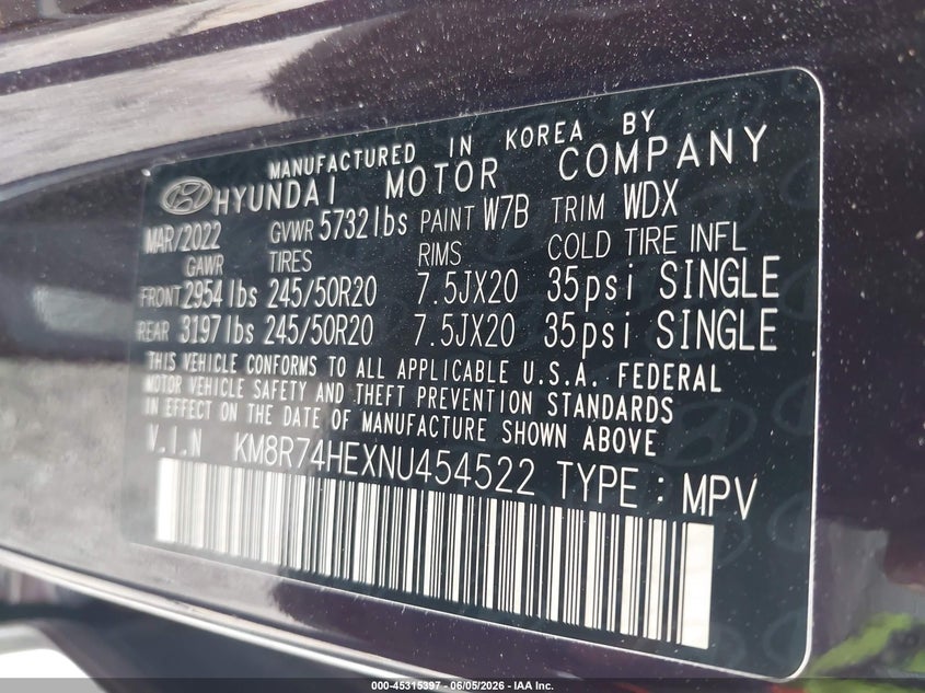 2022 Hyundai Palisade VIN KM8R74HEXNU454522 IAAI salvage auction — REAR END, Salvage Title, sold $8,500 on 2026-07-07 (photo 9)