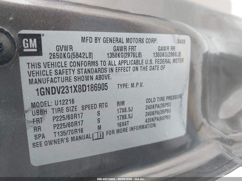 2008 Chevrolet Uplander VIN 1GNDV231X8D186905 IAAI salvage auction — FRONT END, Salvage (Iowa), sold $525 on 2026-07-07 (photo 9)