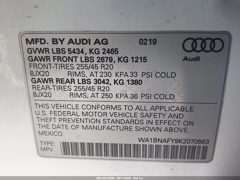 2019 Audi Q5 VIN WA1BNAFY9K2070563 IAAI salvage auction — LEFT SIDE, Salvage (Ohio), sold $7,300 on 2026-07-29 (photo 9)