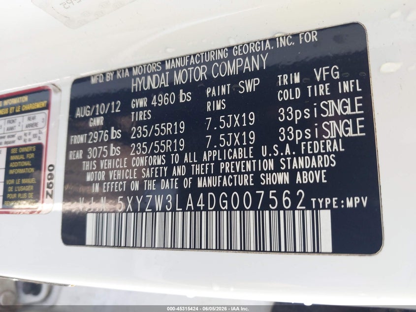 2013 Hyundai Santa fe VIN 5XYZW3LA4DG007562 IAAI salvage auction — NORMAL WEAR, Repossession Paperwork (Georgia), sold $1,050 on 2026-07-13 (photo 9)