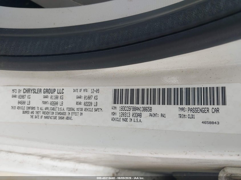 2010 Dodge Avenger VIN 1B3CC5FB8AN138658 IAAI salvage auction — REAR END, Junk Bill Of Sale Mv2459 (Wisconsin), sold $400 on 2026-07-09 (photo 9)