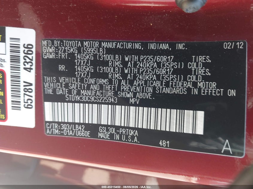 2012 Toyota Sienna VIN 5TDYK3DC9CS225943 IAAI salvage auction — FRONT & REAR, Salvage Title, sold $1,200 on 2026-07-20 (photo 9)