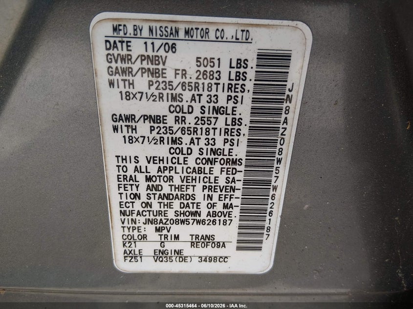 2007 Nissan Murano VIN JN8AZ08W57W626187 IAAI salvage auction — FRONT END, Salvage (South Carolina), sold $250 on 2026-07-14 (photo 9)
