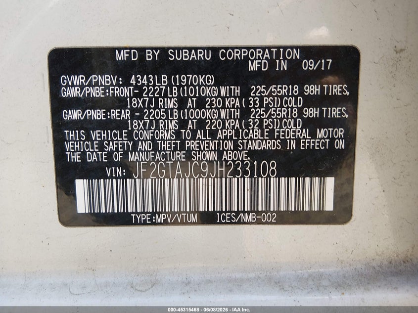 2018 Subaru Xv VIN JF2GTAJC9JH233108 IAAI salvage auction — FRONT END, Salvage Title, sold $2,850 on 2026-07-09 (photo 9)
