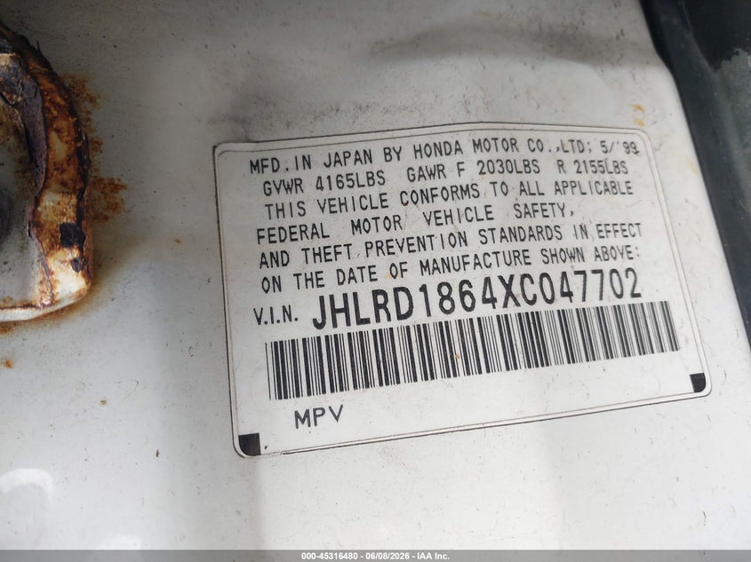 1999 Honda Cr-v VIN JHLRD1864XC047702 IAAI salvage auction — FRONT END, Salvage (Illinois), sold $200 on 2026-07-15 (photo 9)