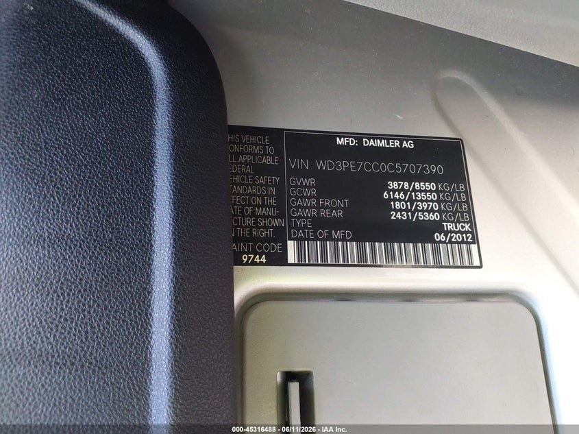 2012 Mercedes-benz Sprinter VIN WD3PE7CC0C5707390 IAAI salvage auction — ENGINE DAMAGE, Bill Of Sale Destruction Only - Salvage (Ohio), sold $1,350 on 2026-07-20 (photo 9)