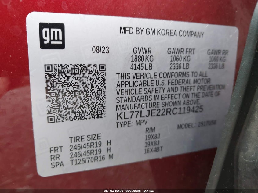 2024 Chevrolet Trax VIN KL77LJE22RC119425 IAAI salvage auction — FRONT END, Salvage Title, sold $4,675 on 2026-07-23 (photo 9)