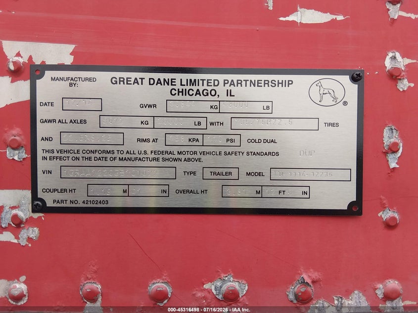 2016 Great dane trailers Great dane trailers VIN 1GRAA7220GB701022 IAAI salvage auction — REAR END, Clear (Minnesota), sold $2,200 on 2026-08-01 (photo 9)