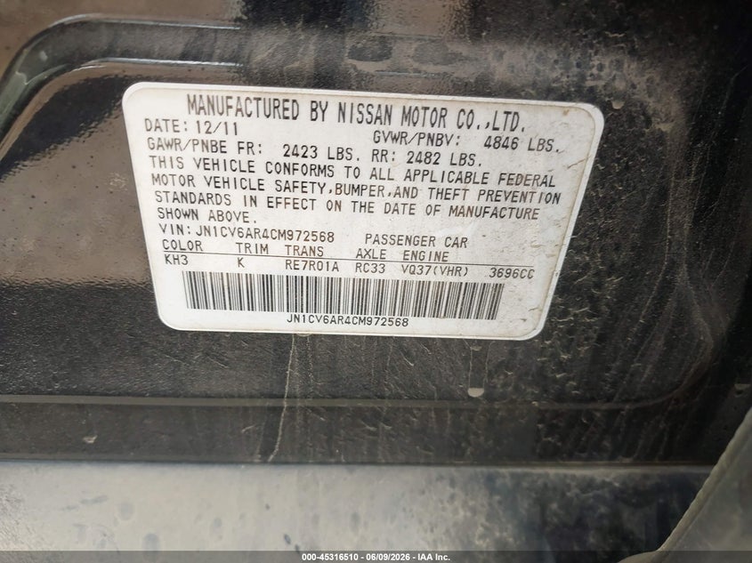 2012 Infiniti G VIN JN1CV6AR4CM972568 IAAI salvage auction — REAR END, Salvage Title, sold $950 on 2026-07-15 (photo 9)