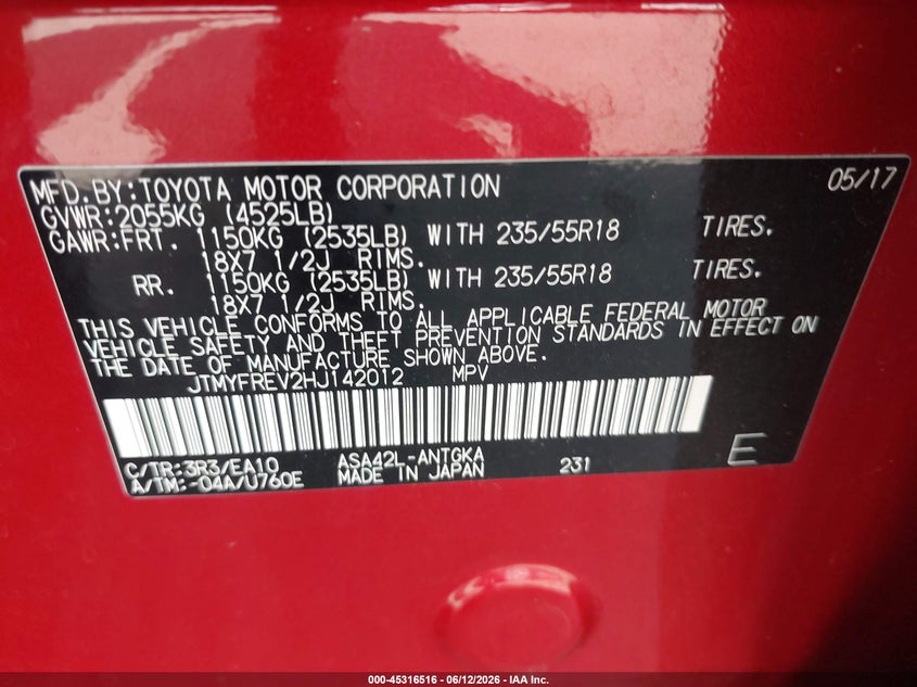 2017 Toyota Rav 4 VIN JTMYFREV2HJ142012 IAAI salvage auction — REAR END, Salvage Title, sold $8,350 on 2026-07-20 (photo 9)