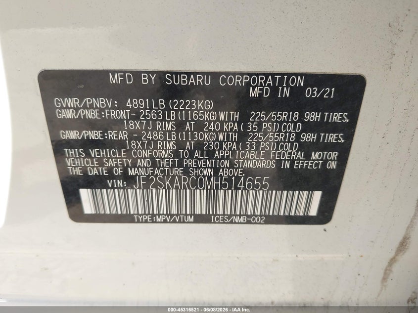 2021 Subaru Forester VIN JF2SKARC0MH514655 IAAI salvage auction — REAR END, Salvage Title, sold $6,100 on 2026-07-19 (photo 9)